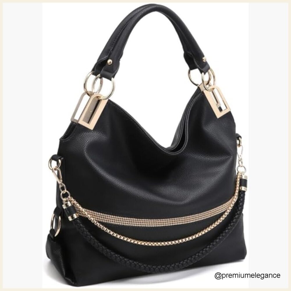Large Vegan Leather Hobo Bag with Rhinestone Accents, Adjustable Strap